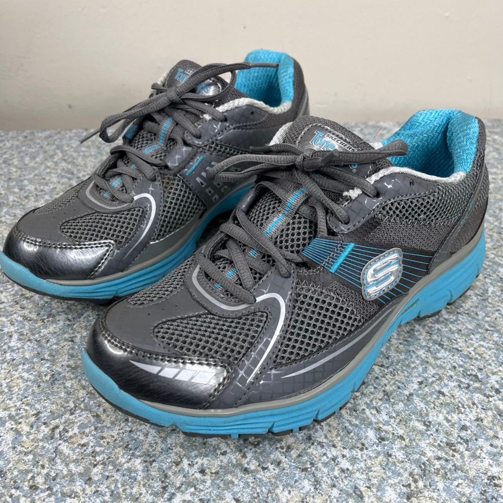 Skechers Tone-ups Fitness Women 8 Gray Blue Mesh Athletic Walking Shoes 11751
